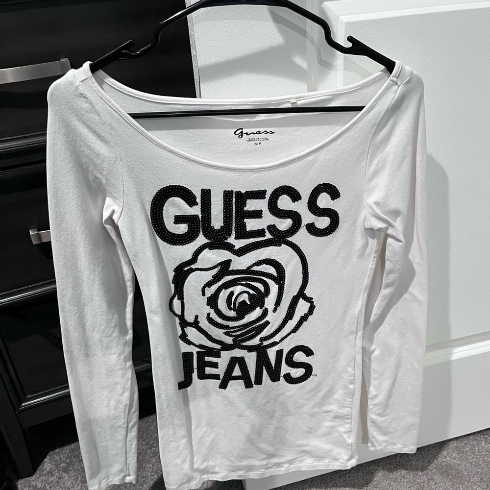 Guess White and Black Graphic Long Sleeve Tee